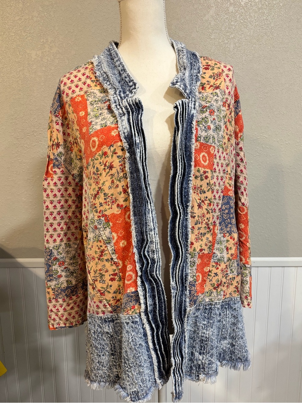 Gimmicks Anthropologie Patchwork Floral Denim Jacket Cardigan S Boho